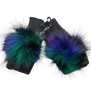 Fur Faux Multi-color Pom Pom Fingerless Mittens in Gray